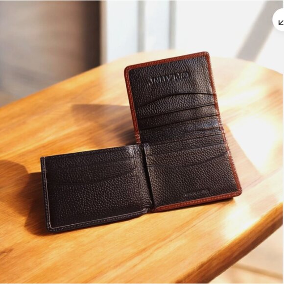 PLATINI Mens 3 Layer Bi-Fold Wallet Genuine Leather Western Metal Logo Cognac - Picture 5 of 9